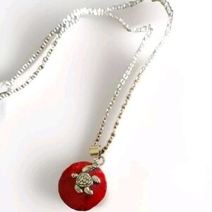 Mediterranean Red Coral Silver Turtle Pendant Necklace